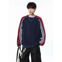 American Style Striped Splice Crew Neck Loose Sweatshirt For Men Women 5XL tamsiai mėlyna spalva