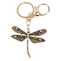 Dragonfly Keychain Zinc Alloy Sparkle Rhinestones Cute Dragonfly Key Ring for Handbag Backpack Blue beige