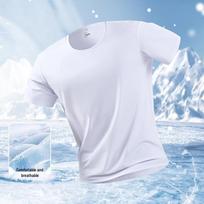 Men's Quick-Dry Summer Ice Silk T-Shirt - Elastic, Round Neck, Short Sleeve with Logo Print for Outdoor Fitness XL white