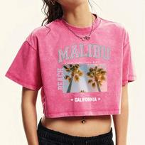Malibu Coconut Tree California Printed Washed Tee Shirt Women Fitness Summer Tops Retro Short Sleeve Cotton Clothing M pink