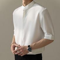 Men's Ice Silk Short-Sleeve Shirt - Summer Stand Collar, Trendy Chinese Style, Slim Fit, Free Ironing. M