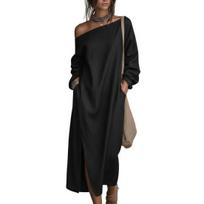 Women's One Shoulder Long Sleeve Maxi Dress, Casual Cotton Linen Long Tunic Dress, Side Slit Summer Loose Dress with Pockets XL juoda