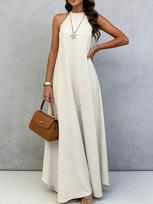 2026 Summer Plus Size Sleeveless Ice Silk Dress for Women - Wrinkled, Solid Color, Wide Hem, Holiday Style S
