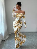 Europe and the United States hot-selling autumn new printed long dress temperament slim one-word shoulder long-sleeved dress women now XL gray