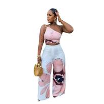 D9718 European and American hot-selling women's clothing, fashionable and sexy flower-printed one-shoulder slim-fitting wide-leg pants two-piece set XXL white