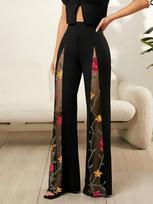 Hot-selling fast stretch lace jeans women's contrasting color splicing design straight denim trousers S