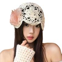 Elegant Knitted Loose Skull Cap With 3D Flower Decoration And Delicate Lace Openwork For Women Girls smėlis