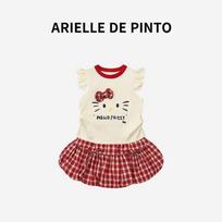 French Arielle De Pinto Girls' Summer Fashion Cartoon Print Plaid Flower Bud Skirt Two-Piece Set Red 140 white