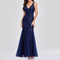 Hot Selling Summer Elegant Fashion Sequined V-Neck Business Formal Dress XXL tamsiai mėlyna spalva