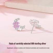 Tichya Dreamy Star Moon Earrings: 999 Sterling Silver, Pink Zircon Flower & Butterfly Design for Women. Sterling Silver gray