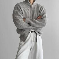 Vyriškas su stovu, dvigubo užtrauktuko, slim fit, dryžuotas megztas kardiganas 3XL pilka