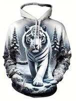 Hot selling new men's autumn tiger print soft, comfortable, breathable hooded sweatshirt outdoor urban fashion clothing 3XL gray
