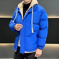 Men Fake Two Piece Hooded Thickened Short Loose Padded Jacket Casual Couple Winter Outerwear L blue