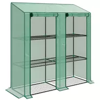 Mini šiltnamis, 3 pakopų, 6 vielos lentynos, 2 angos, plastikinis dangtis, žalias