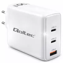 Qoltec GaN 100W charger| 5-20V | 1.5-5A | 2 x USB-C PD | 1x USB QC 3.0 | White