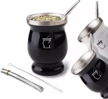 Yerba Mate rinkinys: puodelis, du šiaudeliai (bombilla) ir šiaudelio valiklis grynos Yerba Mate ir arbatos gėrimui
