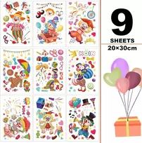 Plakatas Karnavalo dekoracija, 9 lapų karnavalo langų paveikslėliai, dekoracija, karnavalas, gyvūnai, langų lipdukai, klounas (20 x 30 cm)