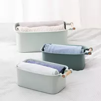 Navaris 4 x dėžė su medine rankena - plastikinė dėžė daiktams laikyti - konteineris voniai, virtuvei