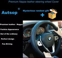 Autsop juodos nappa odos vairo užvalkalas automobiliui su raudonomis ir mėlynomis linijomis, universalus dydis 14,5–15 colių (37–39 cm), vairo užvalkalas vasaros ir žiemos automobilių aksesuarams