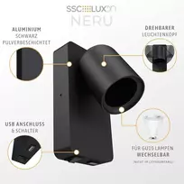 Ssc-luxon neru scandi sieninis šviestuvas juodas pasukamas skaitymo lemputė miegamajam su usb jungtimi šviesos jungiklis gu10 lizdas 2 vnt.