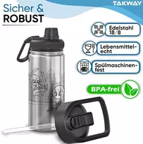 Takway izoliuotas vaikiškas nerūdijančio plieno gertuvė 0.5 l su 2 priedais - nepralaidi nerūdijančio plieno gertuvė su šiaudeliu 500 ml - be bpa - mokyklai, sportui (ninja)