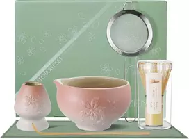 Zens Matcha rinkinys rožinis, Matcha arbatos rinkinys su Matcha Bom, keramikos Matcha dubuo ir šluotelės laikiklis, Matcha miltelių sietelis ir šaukštelis bei arbatos rankšluostis Matcha ceremonijai, dovana Matcha mėgėjams, Sakura rožinė