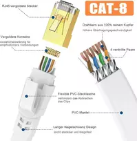 Ercielook Cat8 lan kabelis 0,15 m, 2 vnt., didelės spartos tinklo kabelis 40gbps su paauksuota rj45 jungtimi, skirtas maršrutizatoriui/žaidimams/modemui