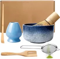 Japoniškas Matcha arbatos rinkinys, 6 dalių Matcha rinkinys, Matcha šluotelės rinkinys, Matcha šluotos rinkinys, pilnas Matcha rinkinys su Matcha dubeniu, arbatos miltelių šluotelė, Matcha šaukštelis, šluotos laikiklis (kiln Mėlyna)