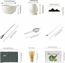 Fleymu matcha priedų rinkinys su bambukiniu matcha šluotele, keraminiu dubeniu ir nerūdijančio plieno semtuvėliu - 8 dalių aukščiausios kokybės rinkinys su arbatos sieteliu ir laikymo dėklu, matcha rinkinys pradedantiesiems