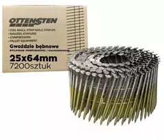 Ritininiai vinys, rifliuoti/cinkuoti, 25x64mm, 7200 vnt., sujungti viela, skirti paletėms