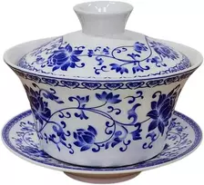 Kopyfantap Gaiwan porcelianinis 300 ml kiniškas arbatos puodelis su dangteliu ir lėkštele, Kung Fu arbatos puodelis keramikinis, mėlynas ir baltas