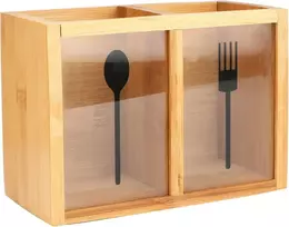 Shtalhst virtuvės įrankių laikiklis, bambukas, akrilinis langelis, stalo įrankių krepšelis ir virimo šaukštų laikiklis (18 x 13 x 9 cm), vietą taupantis stalo įrankių, šaukštų ir virtuvės įrankių laikiklis, bambukas su natūraliu