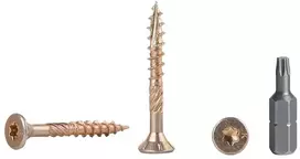 Pakuotė 300 geltonų galvanizuoto plieno 4,0 x 35 mm medvaržčių su torx galvute, 17 tipo įleidžiami medienos drožlių plokštės varžtai (300, 4,0 x 35 mm)