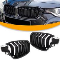 Dvigubos priekinės grotelės BMW F30 / F31 (2011–2015 m.) sedanui / Touring, juodos blizgios, kairė ir dešinė, komplektas
