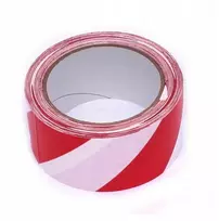 Įspėjamoji lipni baltai raudona juosta 50mm ilgio 33m stipri