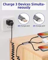 Gelrhonr 3 viename spiralinis Usb C laidas 91 cm, 90 laipsnių kampu susuktas Usb A į Usb C greito įkrovimo laidas 66 W, Type C daugiafunkcinis įkrovimo laidas automobiliui, maitinimo blokui, planšetiniams kompiuteriams, mobiliesiems telefonams, Bluetooth