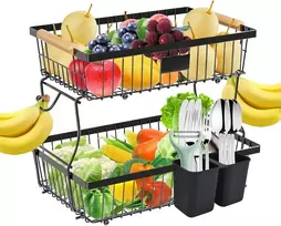 Yiomxhi vaisių stovas, 2 pakopų, vaisių krepšelis su 2 bananų laikikliais stalviršiui, virtuvės laikymo sprendimas, vaisių dubuo, metalinis vaisių stovas daržovėms, duonai, užkandžiams, juodas