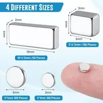Jianta 350 neodimio magnetų rinkinys, 4 dydžių 10 x 4 x 2 mm, 5 x 4 x 3 mm, 5 x 1 mm, 3 x 1 mm mažų magnetų rinkinys, mini magnetai su stipriais klijais, apvalūs + stačiakampiai šaldytuvui, biurui, lentai