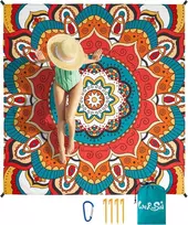 Wernnsai Paplūdimio Antklodė - 210 x 200 cm Mandala Smėliui Atsparus Paplūdimio Kilimėlis Didelis Lengvas Vandeniui Atsparus Smėlio Nepraleidžiantis Kempingo Antklodė su 4 Kuoliukais Paplūdimio Kempingui Žygiams Iškyloms Kelionėms
