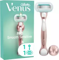 Gillette Venus Pro Smooth Sensitive moteriškas skustuvas jautriai odai, 1 keičiama galvutė, patvari metalinė rankena ir laikiklis duše