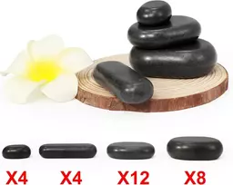 Master Massage karštų akmenų bazalto akmenų rinkinys dekoratyvinėje bambuko dėžutėje, 28 vienetai, 100% natūralus akmuo