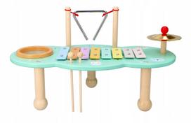 Vaikiškas medinis muzikos instrumentas Montessori, 4 viename: lėkštės ir būgnas