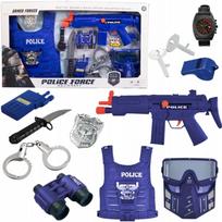 Policijos rinkinys: antrankiai, liemenė, kaukė, šautuvas, ženklelis