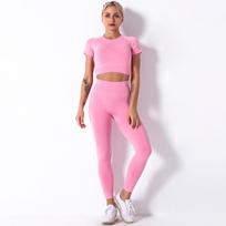 Sporto Rinkinys Moterims Fitneso Jogo Rinkinys Besiūlis Vienspalvis Trumpomis Rankovėmis Trumpas Viršus Aukšto Juosmens Leggings Sportinė Apranga Moteriai 2 Dalių Rinkinys Sporto Salės Drabužiai L pink