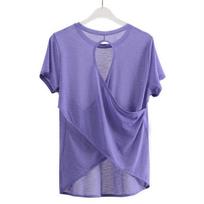 Bambukiniai siūlai Vėsus ir sausas Laisvas jogos marškinėlis moterims su išpjovomis Lengvas Greitai džiūstantis trumpomis rankovėmis T-shirt Laisvas marškinėlis S tamsiai violetine spalva