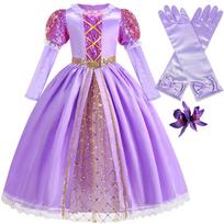 Rapunzel trumpomis rankovėmis violetinė pūsta suknelė + Aksesuarai Mergaitėms Cosplay Rapunzel Vasarinė laisvalaikio suknelė Gimtadienio šventės dovana 3Y(110CM) pink