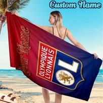Custom Name Olympique Lyonnais Football Crest Beach Towel Soft Microfiber Fabric Bath Towels for Swimming Travel Camping, Outdoor essentials Gifts 70cmx140cm(27x55inch) beige