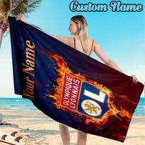 Custom Name Olympique Lyonnais Football Crest Beach Towel Soft Microfiber Fabric Bath Towels for Swimming Travel Camping, Outdoor essentials Gifts 70cmx140cm(27x55inch)