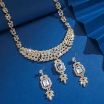 Cross border hot selling luxury fashion dazzling jewelry full diamond dinner dress alloy necklace earrings accessories blue