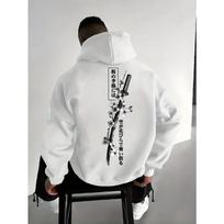 Vintažinis vyriškas džemperis su gobtuvu Samurajaus kardas Vyšnių žiedai Kanji raidės Spaudinys Streetwear Retro tipografija Žieminis megztinis XL gray
